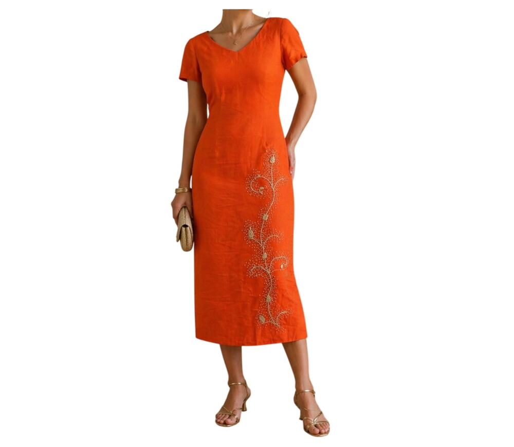 Vintage D Morgan Orange Beaded Linen Rayon Midi Dress Evening Dress Size 12